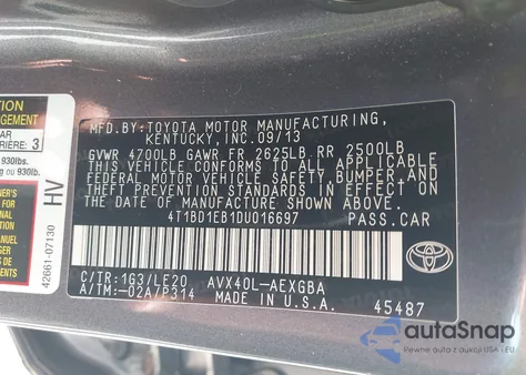 2013 Toyota Avalon Hybrid Xle Touring from USA, damaged, VIN 4T1BD1EB1DU016697